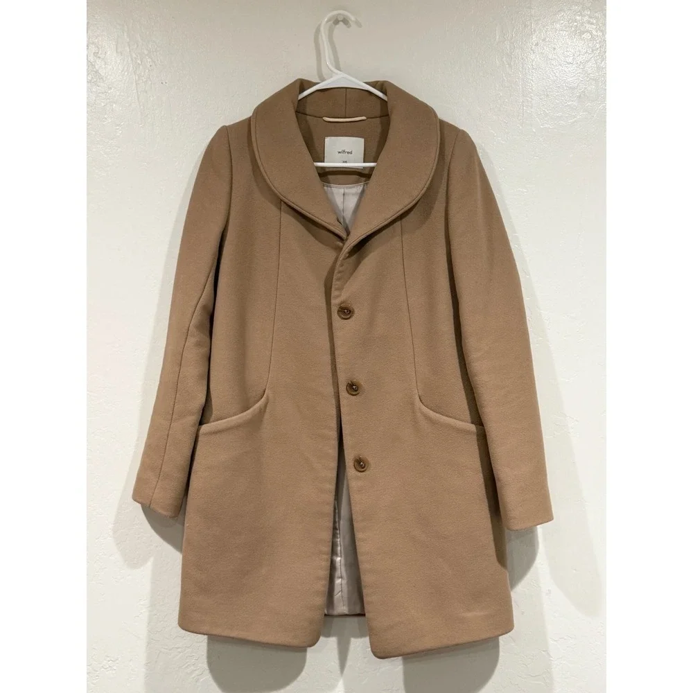 Wilfred Aritzia Cocoon Coat Italian Wool Blend Camel Tan Shawl Collar Size XXS